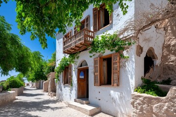 Fototapeta premium Old, abandoned building with faded paint and cracked walls, its wooden shutters barely hanging on, giving a sense of history and decay, with vines growing along the exterior