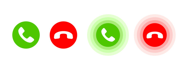 Accept and decline call icon set. Answer and reject call buttons collection. Green and red incoming call mobile interface pictogram. Round mobile phone accept and decline buttons vector illustration.