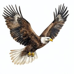 Naklejka premium Majestic bald eagle soaring gracefully with outstretched wings.