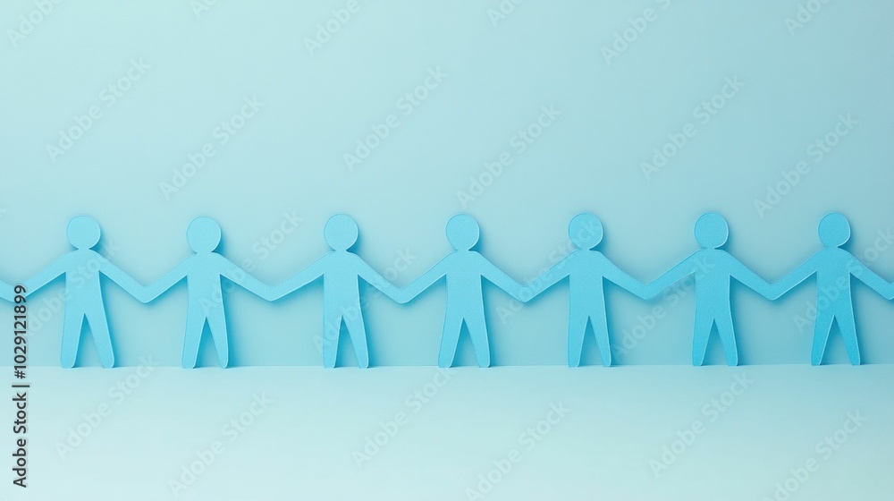 Poster paper cutout figures holding hands, representing teamwork and cooperation, set against a soft blue b