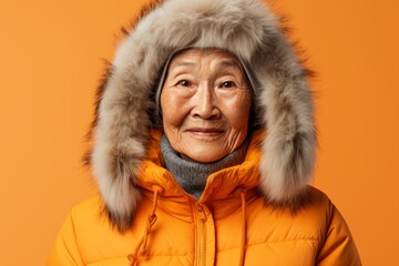 Portrait of a content asian elderly woman in her 90s wearing a warm parka isolated on soft orange background