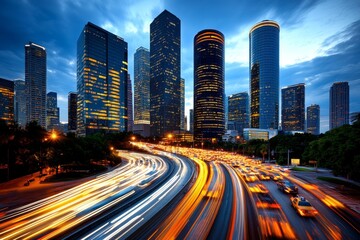 Fototapeta premium Panoramic view of a bustling city skyline at dusk, with skyscrapers lit up against a darkening sky, cars moving like streams of light along busy streets