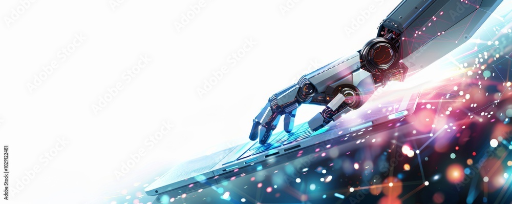 Aufkleber a futuristic robotic hand interacts with a glowing touchscreen interface, showcasing advanced techno