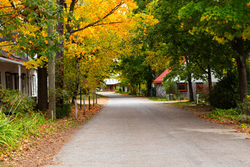 The Old Road (Vieux Chemin) bordered by 19th Century patrimonial houses seen in the fall, Cap-Santé, Quebec, Canada