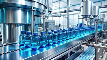 Obraz premium Pharmaceutical Manufacturing Line Producing Vials of Blue Liquid in a Modern Factory Setting - High-Quality Food Photography