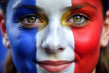 Woman with french flag face paint portrait