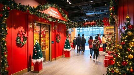 Obraz premium Visitors stroll through a beautifully decorated shopping center adorned with Christmas trees, lights, and festive ornaments. The vibrant red walls add warmth to the joyful holiday spirit.