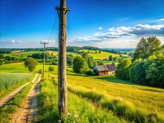 Obraz premium Rustic Wooden Telephone Pole in Rural Poland: A Timeless Connection to the Past and Present