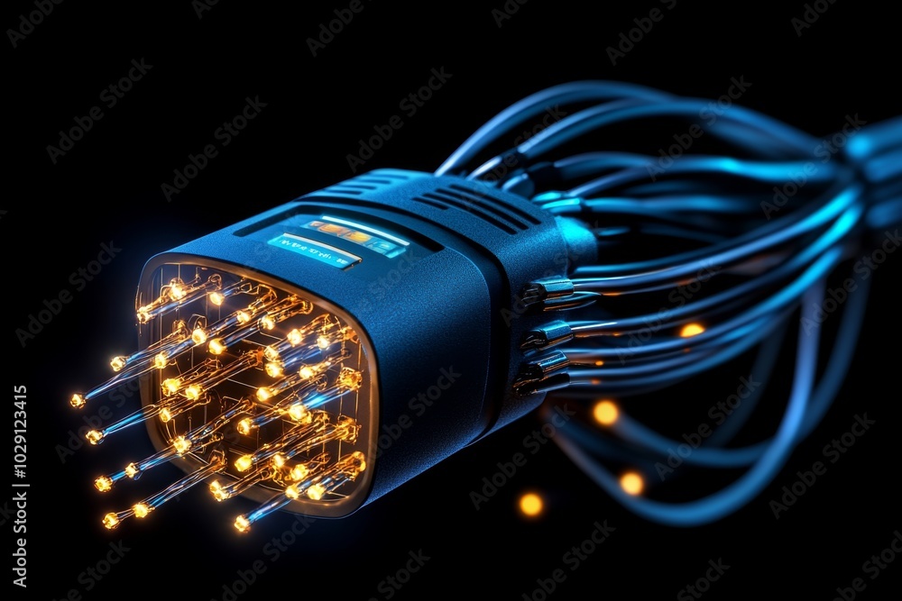 Poster simple illustration of a fiber optic cable, with glowing strands representing high-speed internet an