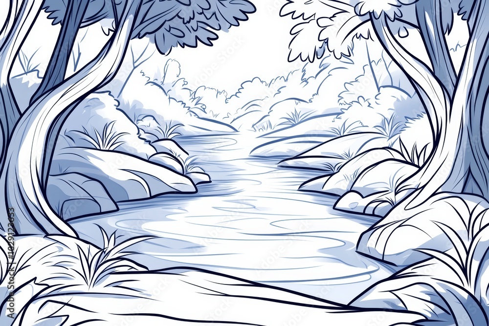 Poster Simple outline of a forest stream, with just a few lines and soft shading representing the flowing water and surrounding trees, evoking a peaceful, magical scene