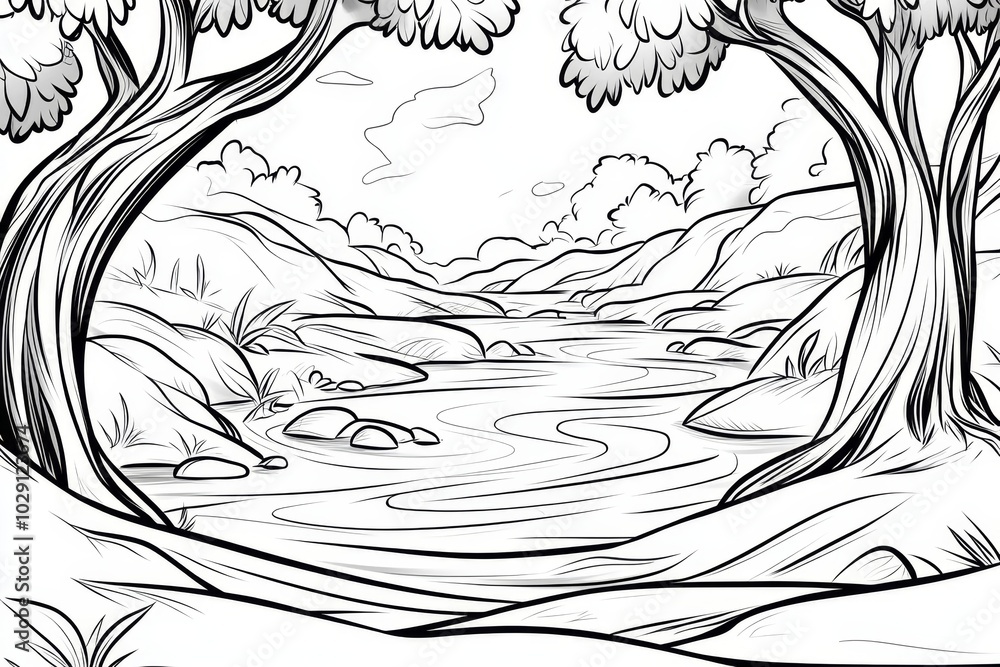 Poster Simple outline of a forest stream, with just a few lines and soft shading representing the flowing water and surrounding trees, evoking a peaceful, magical scene
