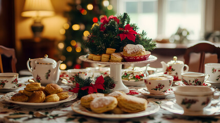 A cozy Christmas tea party with friends featuring a table filled with teacups biscuits scones and a centerpiece of holiday flowers.