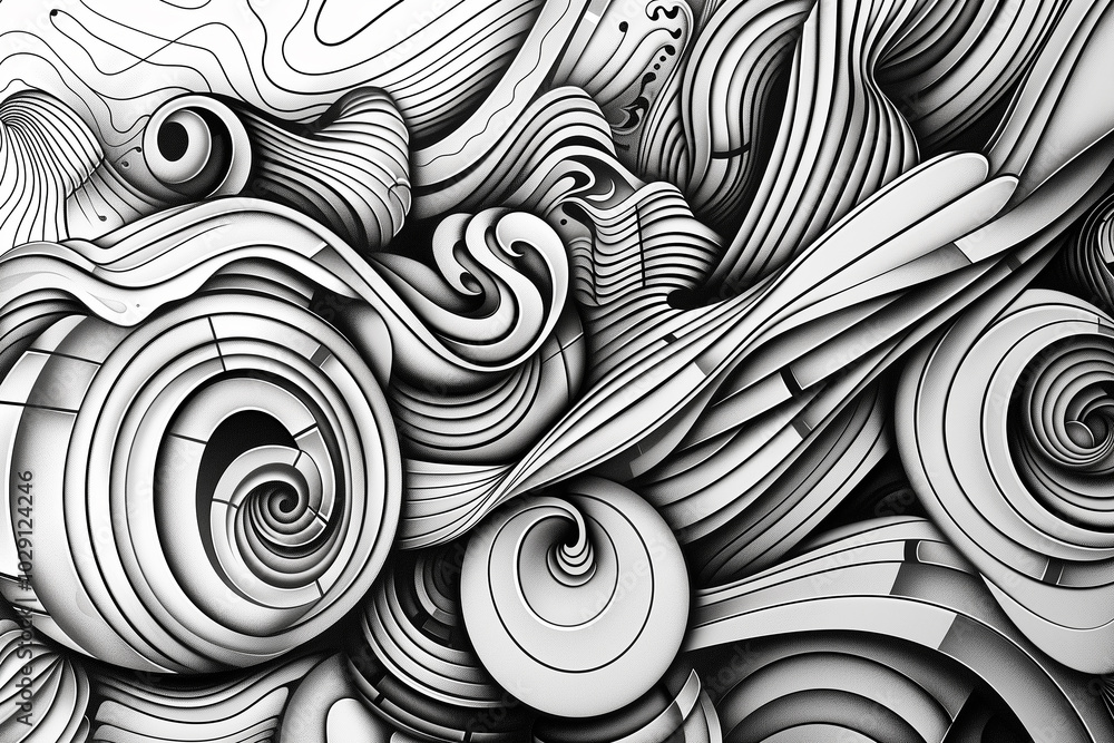 Aufkleber dynamic line art composition with overlapping shapes and intricate patterns, rendered in black and w