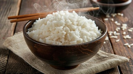 Steaming Bowl of Rice - a warm and inviting culinary visual. The bowl of rice, paired with chopsticks, evokes a sense of comfort and cultural richness.
