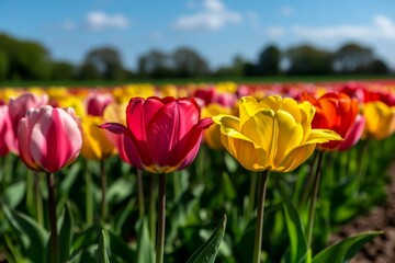 Obraz premium Tulip fields stretching to the horizon, with rows of brightly colored flowers in shades of pink, yellow, red, and orange, creating a stunning visual of springâ€™s arrival