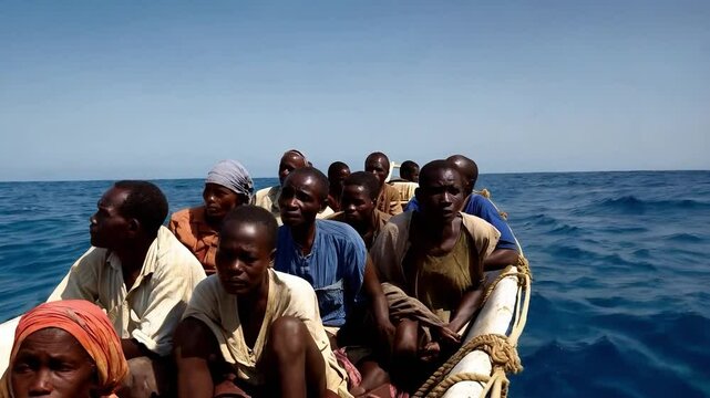 African migrants cross the sea in a small boat.