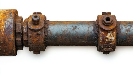 A close-up of an old, rusted drain pipe, showing flanges and worn edges, isolated on a plain white background.