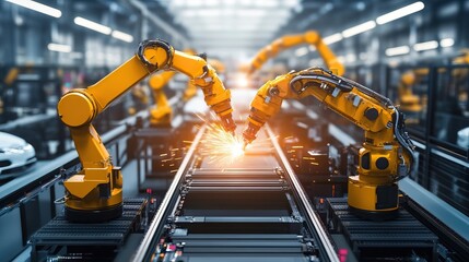 Industrial Robotic Arms Welding on an Assembly Line