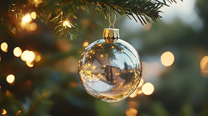 A delicate glass Christmas ornament hanging from a tree branch reflecting the twinkling lights and surrounding decorations.