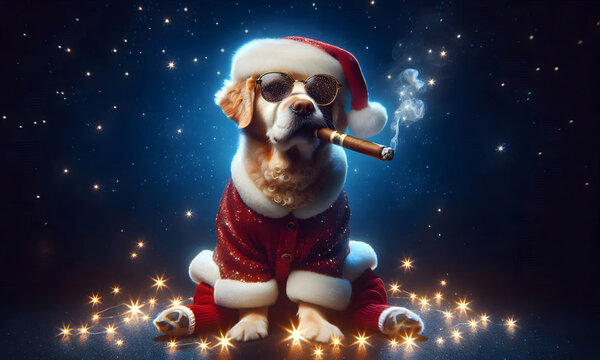 Hund mit Nikolausm&uuml;tze, Brille und Zigarre im Weihnachtsmann Kost&uuml;m, copy space