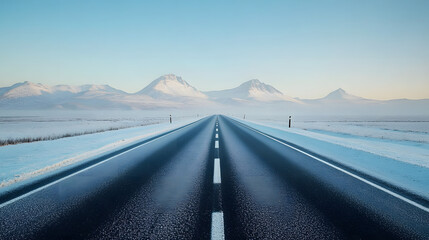 A deserted highway in the early morning blanketed in frost with distant mountains in the background.