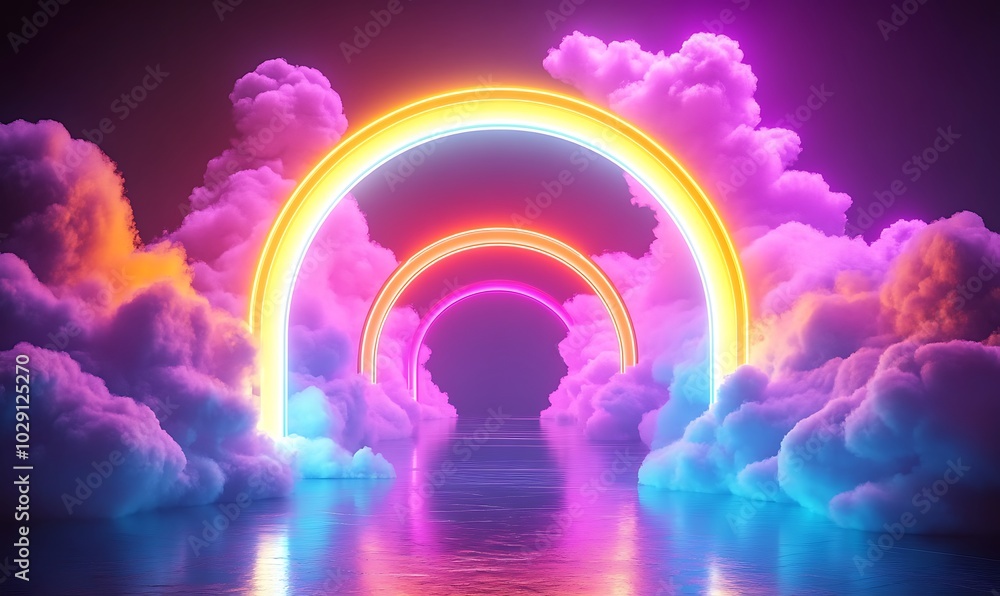 Poster 3d render of abstract futuristic arch architecture with neon light and empty concrete floor, generat