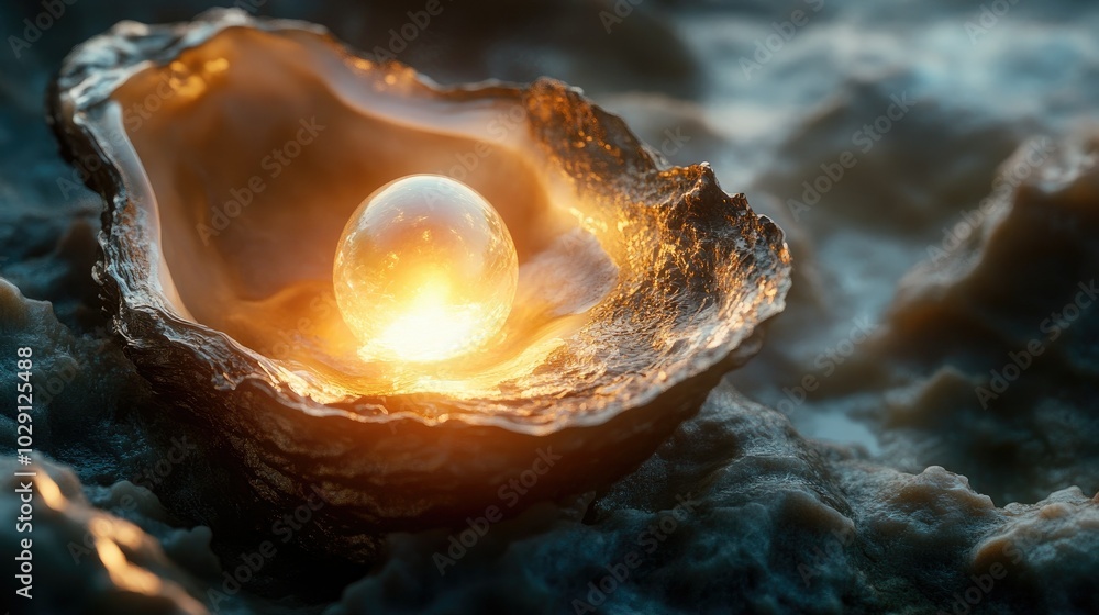 Poster a close-up shot of a glowing pearl cradled within the curves of an oyster, emphasizing the contrast 
