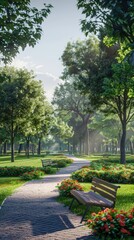 Lush green park with walking paths and benches, 4K hyperrealistic photo