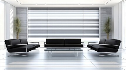 Sleek black couches with glass table, white walls, and striped blinds in a bright minimalist room.
