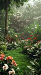 Lush green garden with a variety of blooming flowers, 4K hyperrealistic photo