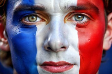 Close-up of man with french flag face paint