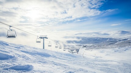 A ski lift ascends a snowy mountain slope with a scenic view of the surrounding peaks and clouds.