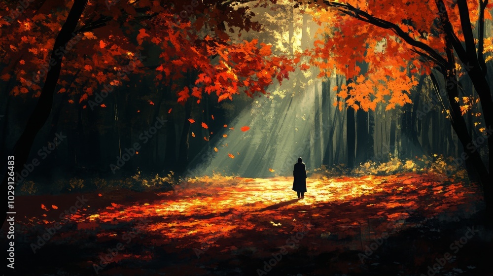 Poster A single person walks down a path in a forest, their figure backlit by rays of sunlight. The trees are bare, with red and orange leaves scattered on the ground and in the air.