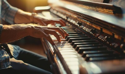 Musician playing a soulful melody on a grand piano, expressive 4K hyperrealistic photo.
