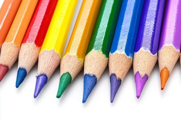 Fototapeta premium Close up row of colored pencils isolated on white background