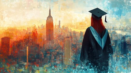 Graduate's silhouette combined with an abstract city skyline at dawn, representing new beginnings and opportunities, muted color palette for professional use