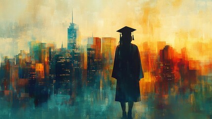 Graduate's silhouette combined with an abstract city skyline at dawn, representing new beginnings and opportunities, muted color palette for professional use