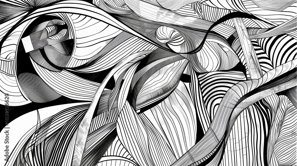 Fototapete dynamic line art composition with overlapping shapes and intricate patterns, rendered in black and w