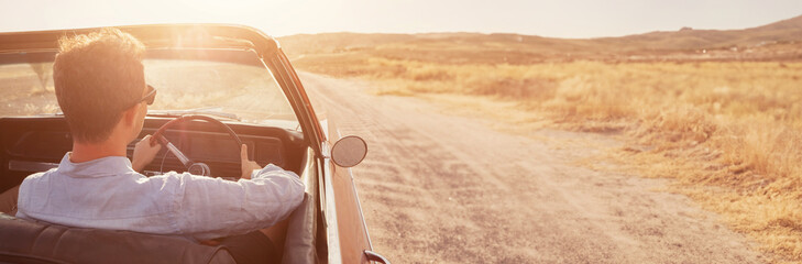 man driving luxury collection car, rent a car to travel, banner background with copyspace