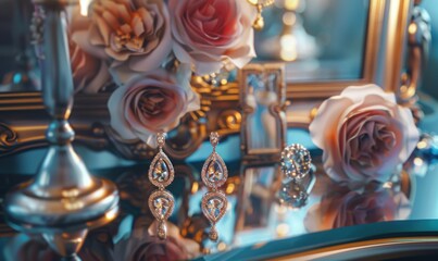 Naklejka premium Pair of earrings on the dressing table, 4K hyperrealistic photo