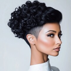 Fototapeta premium A profile view of a woman with stylish curly hair and a modern haircut.
