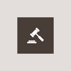 Gray flat button with shadow. Auction hammer icon.