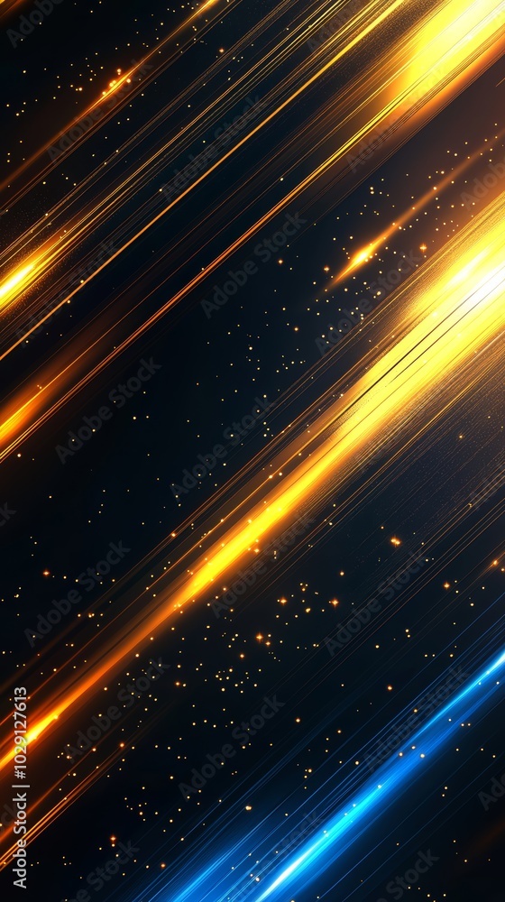 Poster vibrant streaks of orange and blue light against a dark background create a dynamic visual effect.
