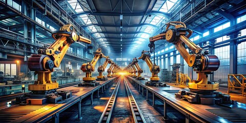 Obraz premium Surreal Robotic Arms in Automated Industrial Production - A Futuristic Vision of Factory Efficiency and Innovation