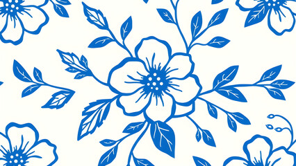 Elegant blue floral pattern with bold outlines and leaves, Generative AI