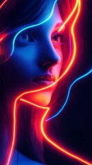 Obraz premium Stunning portrait of a Caucasian female illuminated by vibrant neon lights.