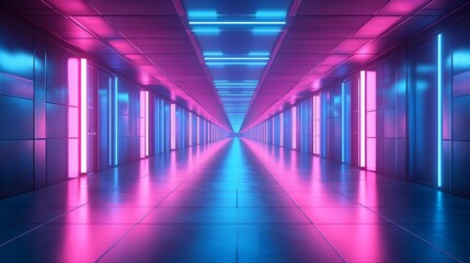 Tight shot of a futuristic corridor, vibrant blue and purple neon lights casting reflections on shiny metal panels, sci-fi theme, high contrast, abstract illustration
