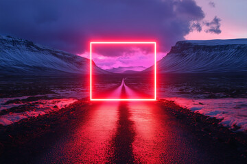 Red Neon Square on a Mountain Road at Dusk 