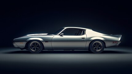 Naklejka premium Silver car displayed in profile with bold text and contrasting colors referencing the aesthetics of 70s muscle cars