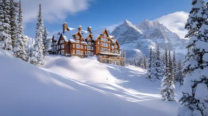 Fototapeta premium A grand mountain lodge almost entirely buried in snow with only the top floors visible surrounded by untouched snow and tall pine trees.